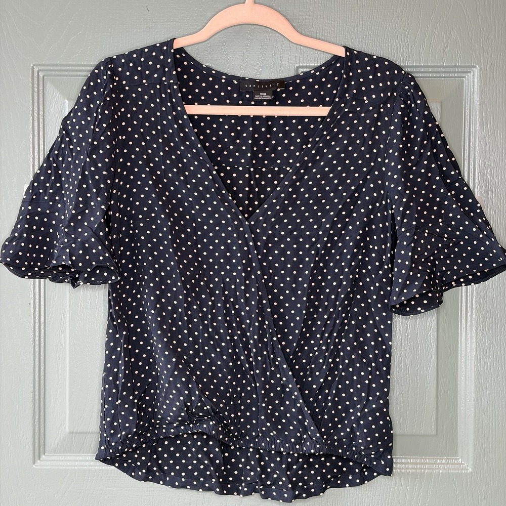Sanctuary Polka Dot Blouse Womens XXS‎ Navy Blue Faux Wrap Flutter Sleeve Work
